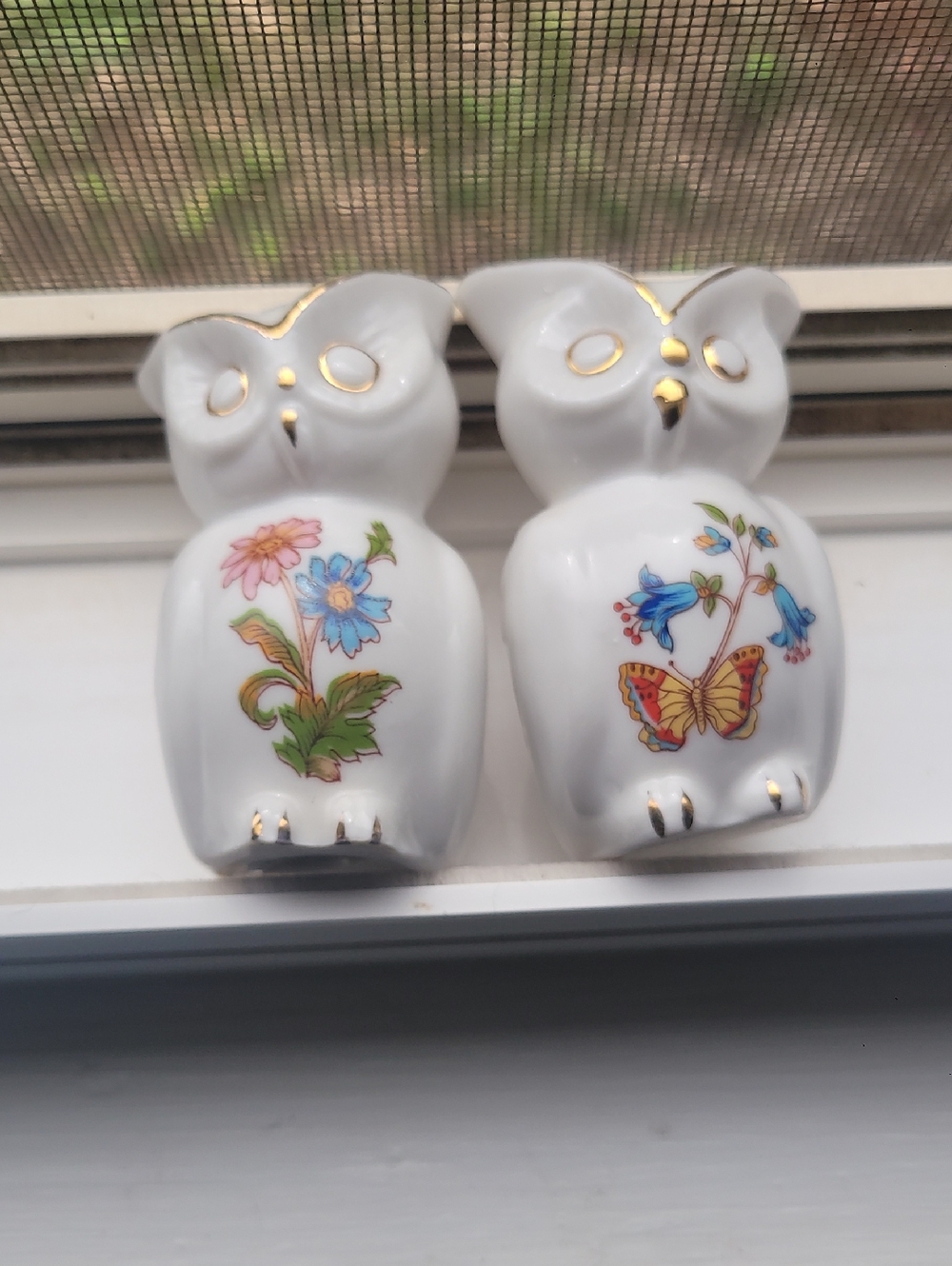 White Porcelain Owl Figurine Salt & Pepper Set with Floral and Butterfly Motifs